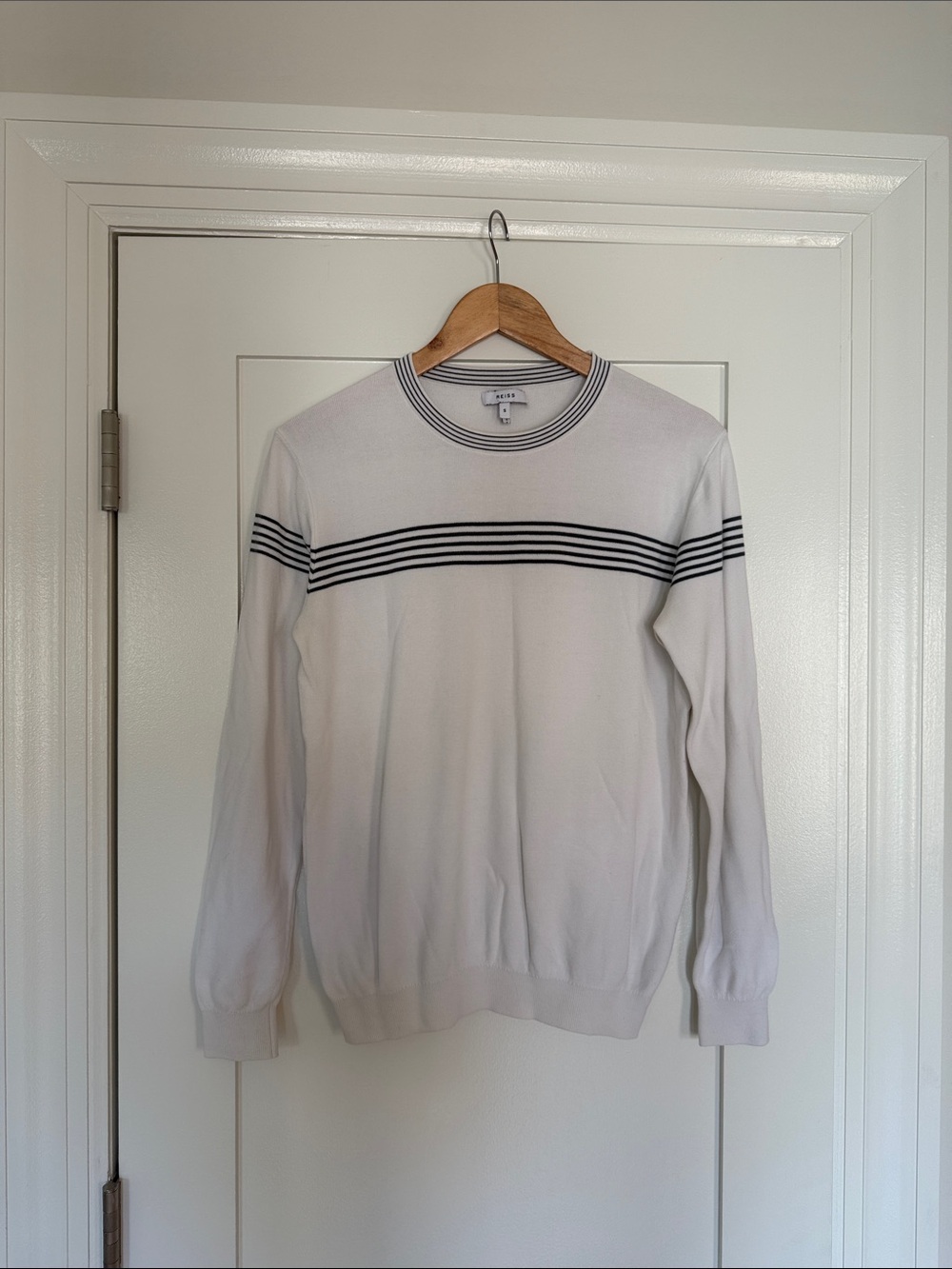 Reiss White Crewneck Sweater with Navy Stripe Detail
